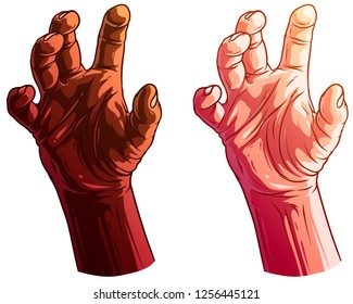 Cartoon detailed graphic white and black human hands. Showing bent fingers gesture or sign. Isolated on white background. Vector icons set. Vol. 1