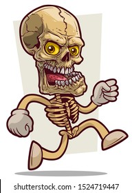 Cartoon detailed realistic colorful funny human skeleton in white gloves with skull. Isolated on white background. Vector icon.