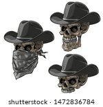 Cartoon detailed realistic colorful scary human bandit skulls from wild west with black hat and scarf. Isolated on white background. Vector icon set.