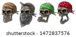 Cartoon detailed realistic colorful scary human biker or rapper skulls with bandana and scarf. Isolated on white background. Vector icon set.