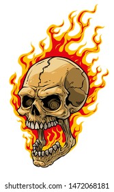 Cartoon detailed realistic colorful scary human skull with open mouth on fire. Isolated on white background. Vector icon.