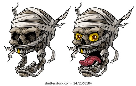Cartoon detailed realistic colorful scary egyptian mummy skulls with yellow eyes, golden tooth and bandage. Isolated on white background. Vector icon set.