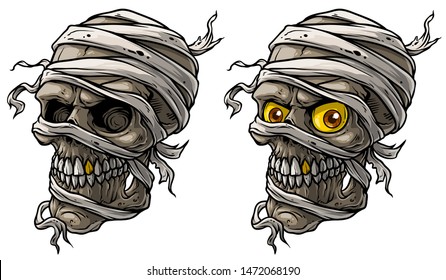 Cartoon detailed realistic colorful scary egyptian mummy skulls with yellow eyes, golden tooth and bandage. Isolated on white background. Vector icon set. Vol. 2