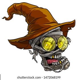 Cartoon detailed realistic colorful scary egyptian mummy skulls with hat, golden tooth, yellow sunglasses and bandage. Isolated on white background. Vector icon.