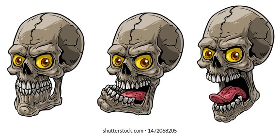 Cartoon detailed realistic colorful scary human skulls with yellow eyes and tongue. Isolated on white background. Vector icon set.