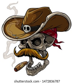 Cartoon detailed realistic colorful scary human cowboy skull with leather hat, bandana, mustache and cigar. Isolated on white background. Vector icon.