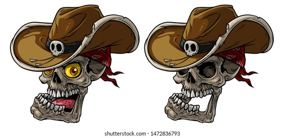 Cartoon detailed realistic colorful scary human cowboy skulls with leather hat and bandana. Isolated on white background. Vector icon set.