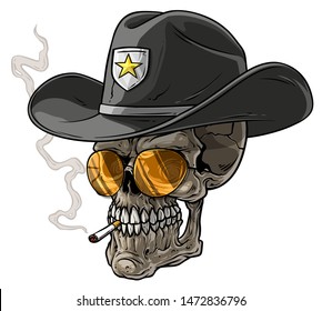 Cartoon detailed realistic colorful scary human sheriff policeman skull with hat, golden star, eyeglasses and cigarette. Isolated on white background. Vector icon.