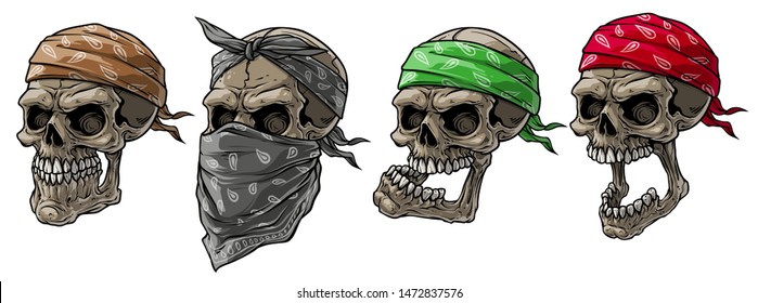 Cartoon detailed realistic colorful scary human biker or rapper skulls with bandana and scarf. Isolated on white background. Vector icon set. - Shutterstock ID 1472837576
