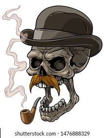 Cartoon detailed realistic colorful scary human gentleman skull with black hat, tobacco pipe and mustache. Isolated on white background. Vector icon.