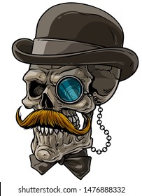 Cartoon detailed realistic colorful scary human gentleman skull with black hat, monocle, bow tie and mustache. Isolated on white background. Vector icon.