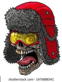 Cartoon detailed realistic colorful scary human skull in red winter fur hat with ear flaps, glasses and golden teeth. Isolated on white background. Vector icon.