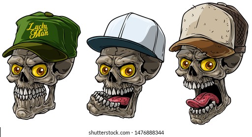 Cartoon detailed realistic colorful scary human skull in trucker cap with yellow eyes. Isolated on white background. Vector icon set.