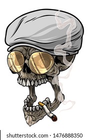 Cartoon detailed realistic colorful scary human skull in peaked cap and eyeglasses with cigarette. Isolated on white background. Vector icon.