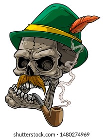 Cartoon detailed realistic colorful scary human skull bavarian traditional hat with feather, mustache and tobacco pipe. Isolated on white background. Vector icon.