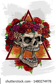 Cartoon detailed realistic colorful scary human skull in flower wreath with roses, chamomile and wild flowers. On gray grunge background. Vector icon.