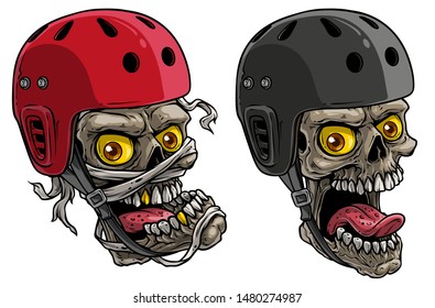 Cartoon detailed realistic colorful scary human skulls in plastic protective skateboard or bicycle helmet. Isolated on white background. Vector icon set.