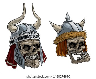 Cartoon detailed realistic colorful scary viking warrior skulls in metal helmet with horns, fur, and runes. Isolated on white background. Vector icon set.