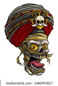 Cartoon detailed realistic colorful scary mummy skulls in traditional indian turban with pirate badge, golden anchor and swords. Isolated on white background. Vector icon.