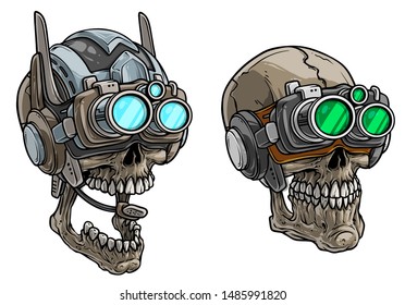 Cartoon detailed realistic colorful scary cyborg soldier skull in futuristic glasses with microphone. Isolated on white background. Vector icon set.