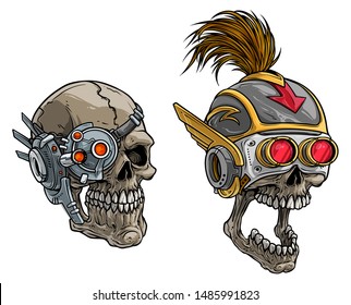 Cartoon detailed realistic colorful scary cyborg soldier skull in futuristic glasses with helmet. Isolated on white background. Vector icon set.