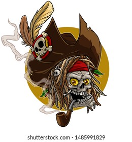 Cartoon detailed realistic colorful scary human skull in pirate hat with badge, feathers and tobacco pipe. Isolated on white background. Vector icon.