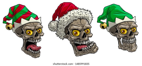 Cartoon detailed realistic colorful scary human skulls in holiday winter santa and elf hat. Isolated on white background. Vector icon set.