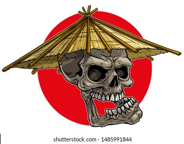 Cartoon detailed realistic colorful scary human skull in traditional asian straw conical rain hat. Isolated on white background. Vector icon.