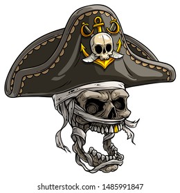Cartoon detailed realistic colorful scary mummy skull in tricorn pirate hat with golden anchor and swords. Isolated on white background. Vector icon.