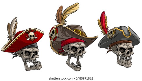 Cartoon detailed realistic colorful scary human skulls in pirate hat with badge, feathers and mustache. Isolated on white background. Vector icon set. Vol. 2