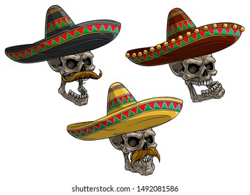 Cartoon detailed realistic colorful scary human skulls in traditional ornate mexican hat sombrero with mustache. Isolated on white background. Vector icon set.