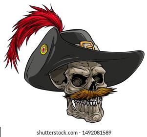 Cartoon detailed realistic colorful scary human skull in musketeer hat with belt, golden badge and feathers. Isolated on white background. Vector icon.