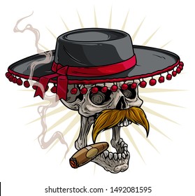 Cartoon detailed realistic colorful scary human skull in black traditional spanish toreador or matador hat with red pompoms, ribbon and cigar. Isolated on white background. Vector icon.