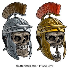 Cartoon Detailed Realistic Colorful Scary Human Skulls In Metal Ancient Roman Soldier Warrior Helmet With Crest. Isolated On White Background. Vector Icon Set.