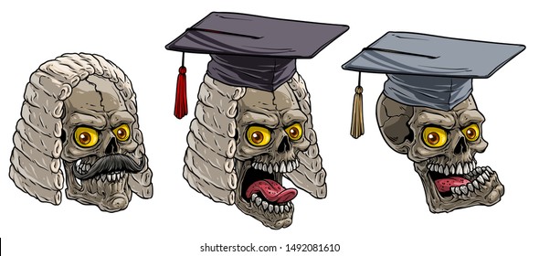 Cartoon detailed realistic colorful scary human skulls in academic graduation mortarboard square cap with wig. Isolated on white background. Vector icon set.