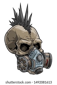 Cartoon detailed realistic colorful scary human punk skull in chemical gas mask respirator with protective filters. Isolated on white background. Vector icon.