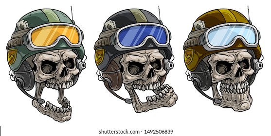 Cartoon detailed realistic colorful scary human skulls in modern army protective soldier helmet with eyeglasses. Isolated on white background. Vector icon set.