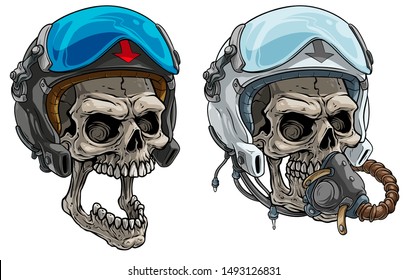 Cartoon detailed realistic colorful scary human skulls in modern aviator pilot protective helmet with open glass visor and air mask. Isolated on white background. Vector icon set.