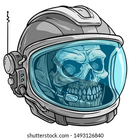 Cartoon Detailed Realistic Colorful Scary Human Skull In Astronaut Space Protective Helmet With Blue Clear Glass Visor. Isolated On White Background. Vector Icon.