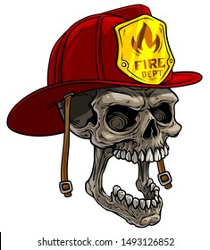 Cartoon detailed realistic colorful scary human skull in red firefighter helmet with golden badge. Isolated on white background. Vector icon.