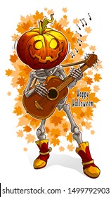 Cartoon detailed realistic colorful scary human skeleton with skull in boots with halloween orange pumpkin head and guitar. Isolated on white background. Vector icon.