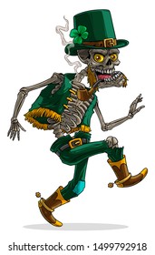 Cartoon detailed realistic colorful scary irish leprechaun skeleton with skull in green hat, whiskers and tobacco pipe. Isolated on white background. Vector icon.