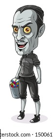 Cartoon detailed realistic colorful scary pale vampire character with basket of sweets. Isolated on white background. Vector postcard icon.