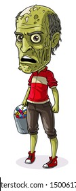 Cartoon detailed realistic colorful scary dead zombie character with basket of sweets. Isolated on white background. Vector postcard icon.