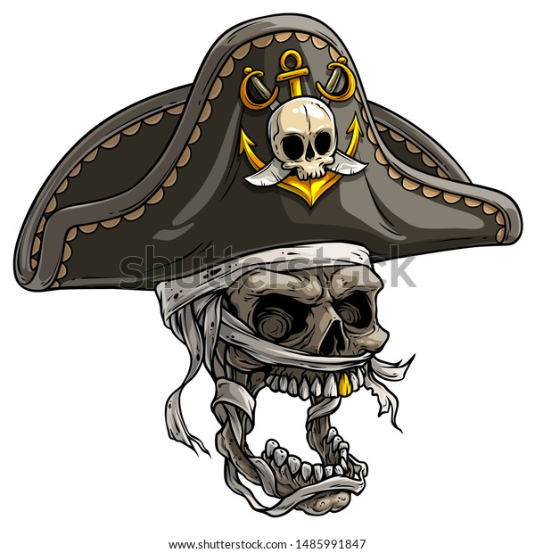 Cartoon detailed realistic colorful scary mummy\
skull in tricorn pirate hat with golden anchor and swords. Isolated\
on white background. Vector\
icon.