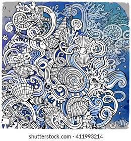 Cartoon detailed watercolor hand-drawn doodles Underwater life illustration. Vintage watercolor detailed, with lots of objects vector doodle underwater background