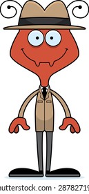 A cartoon detective ant smiling.