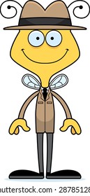 A cartoon detective bee smiling.