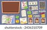 Cartoon detective board elements. Investigation clues and evidence maps, fingerprint records, suspect photos and notes for cork board vector illustration set. Finding murder, criminal information