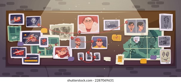 Cartoon detective board. Police cork pinboard with evidence victim photo accident information, crime investigation plan and equipment. Vector flat set of evidence on pinboard illustration